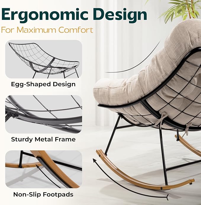 Bme Patio Rocking Chair Outdoor & Indoor, Beige Cushion - Wood Texture Rocker, Metal Patio Lounge Rocking Chair with Thick Cushion, Comfy Modern Rocker Chair for Living Room, Porch, Backyard