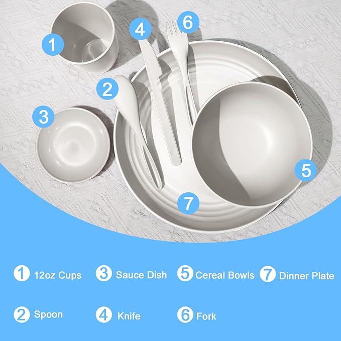 Wrova Wheat straw dinnerware sets - 28 Pieces dish sets service for 4 - Lightweight and Unbreakable Plates and Bowls Sets for Travelling and Camping.White