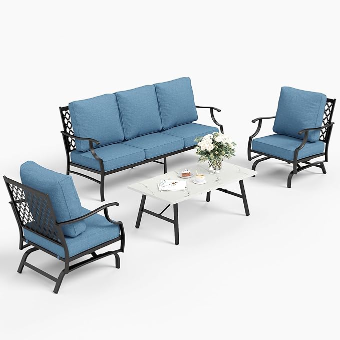 4 Piece Metal Outdoor Patio Furniture Set, Patio Conversation Set 1 3-seater Sofa, 2 Rocking Chair with 5.75" Extra Thick Cushion and Coffee Table, Black Frame Backyard Furniture, Navy