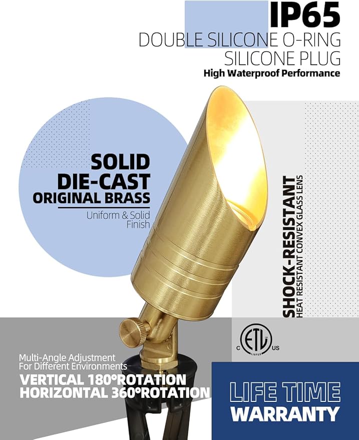 MALORY Brass Landscape Spotlight,12V AC/DC Low Voltage LED Landscape Lighting,Waterproof Spot Up Light for Garden,Patio and Yard (10-Pack with Bulb)