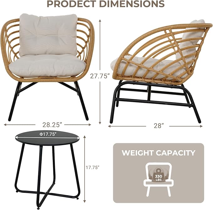 Grand patio 3-Piece Outdoor Furniture Set - Wicker Sofa with Thick Beige Cushions, Patio Coffee Table, Perfect for Porch, Backyard, Balcony, Garden