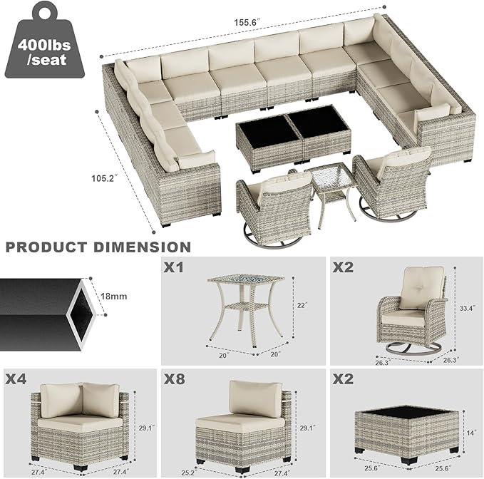 17-Piece Patio Furniture Set, Outdoor Patio Furniture with Swivel Chairs Set, Thick Cushions, Modular Patio Sofa, Dual-Strand Wicker Rattan, Rust-Resistant Frame, Ivory