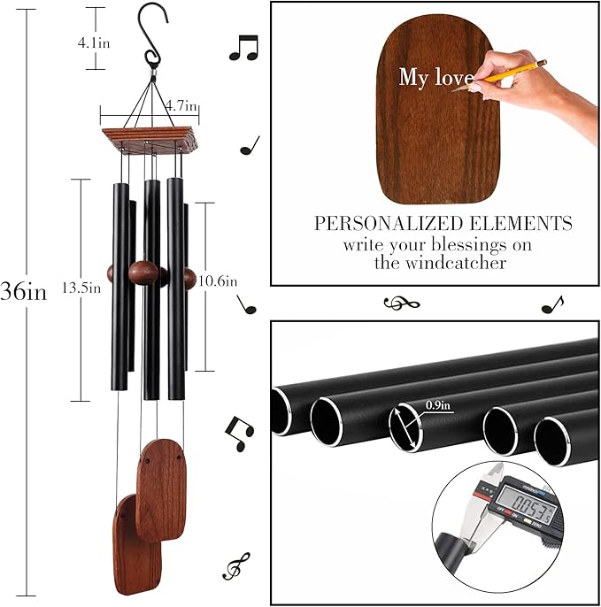 Wind Chimes for Outside Deep Tone, 36in Sympathy Wind Chimes Outdoor Clearance, Gifts for Mother's Day and Christmas, Outdoor Decor for Garden, Patio, Yard（Wood Wind Chime, Black）