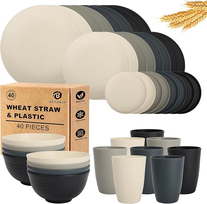 40 PCS Wheat Straw Dinnerware Set | Unbreakable Dishes Set for 8 - Alternative to Plastic Plates and Bowls Sets, Cereal Bowl, Water Cups, Dishwasher & Microwave Safe Bowls for Kitchen - Dark