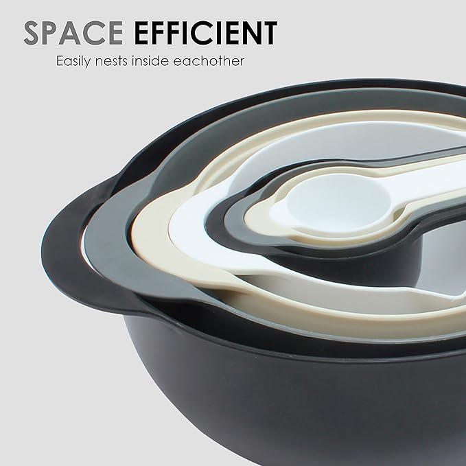 COOK WITH COLOR Nesting Bowls with Measuring Cups Colander and Sifter Set - Includes Mixing Bowls, Colander, Sifter and Measuring Cups, Black, 8 Pc Bowl