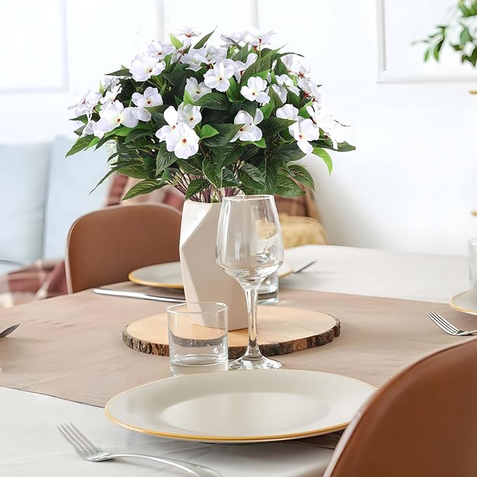 Artificial Flowers for Outdoors Silk Impatiens Flowers Faux Flowers Impatien Bushes Artificial Impatiens for Pot Patio Lawn Garden Hanging Basket Porch Decor (8, White)