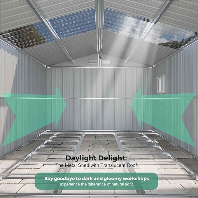 WACASA Metal Shed 10x10 with Floor Kit Sheds Outdoor Storage, Natural Lighting Tool Sheds with Translucent Roof Panels, Windows, Lockable Doors, Ideal for Garden, Backyard, and Patio