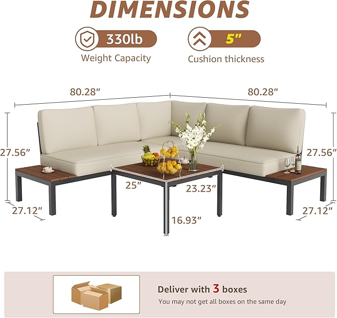 NATURAL EXPRESSIONS Patio Furniture Sets, Metal Outdoor Sectional L Shape Corner Sofa Outdoor Couch with Detachable Backrest,3 Fauxwood Tables,Black Frame,Beige Olefin Cushions for Yard,Garden