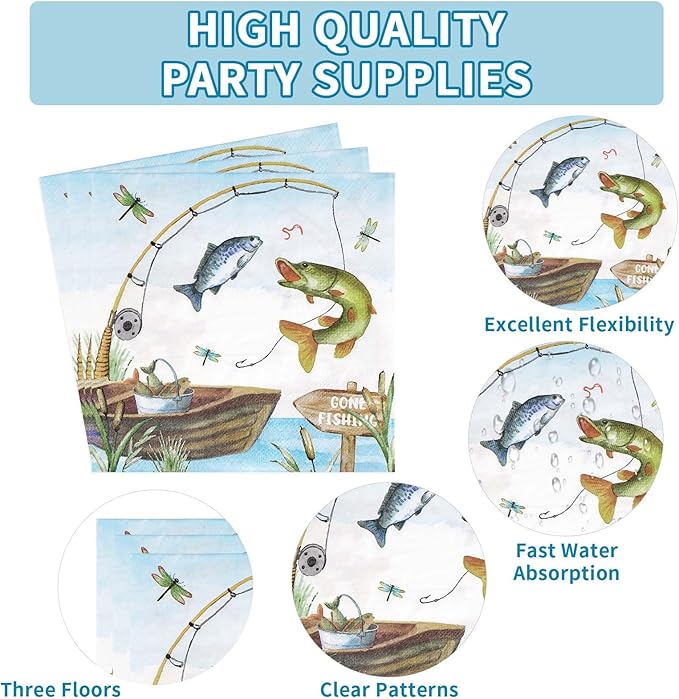 96 Pcs Fishing Baby Shower Party Decorations for Boy Gone Fishing Plates and Napkins A Little Fisherman is on The Way Party Decorations for Boys O Fishally 1st Birthday Favors Serves 24