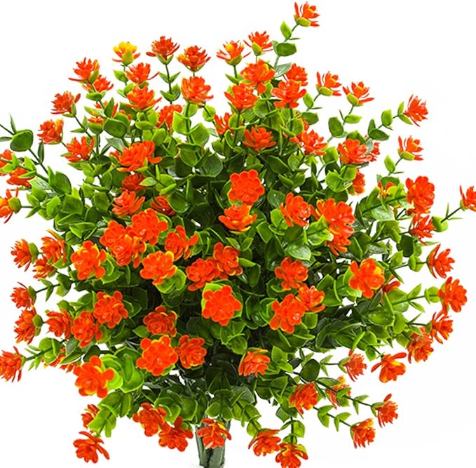 Artificial Flowers, Fake Outdoor UV Resistant Plants Faux Plastic Greenery Shrubs Indoor Outside Hanging Planter Home Kitchen Office Wedding, Garden Decor (Orange Red)