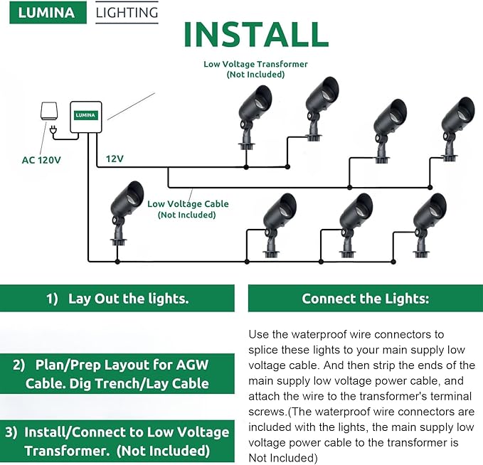 Lumina Lighting® 4W Landscape Lighting 12V Landscape Lights Low Voltage Landscape Spotlights Warm White Waterproof Outdoor Replaceable LED Bulb for Garden, Lawn, Porch, Patio and Yard (Black, 6-Pack)