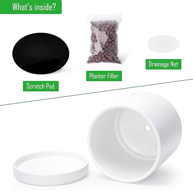 D'vine Dev Set of 2 Plants Pots, 10 Inch Ceramic Planter Pot for Plants with Drainage Hole and Saucer, White, 94-V-E-1