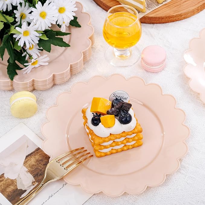 SUT 72-Count Pink Plastic Plates Disposable 7.5 Inch - Scalloped Edge Dessert Plates for Valentine’s Day, Parties, Birthdays, Weddings | Lightweight & Durable Disposable Dinnerware (72 Pack)