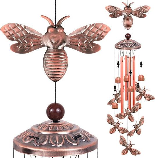Bee Wind Chimes for Garden, Gifts for Mom, Home, Balconies, Rooms, Patio, Indoor, Outdoor Bee Decoration, Aluminum Bee Chimes, Bees Wind Catcher, Red Copper Bees Wind Bells, Bees Wind Chimes Decor