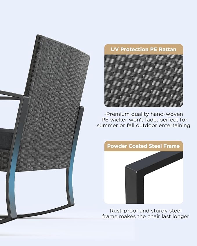 3 Pieces Patio Furniture Set Rocking Bistro Set, Outdoor Patio Furniture Set with Coffee Table for Garden Balcony Backyard Poolside (Black Cushion)