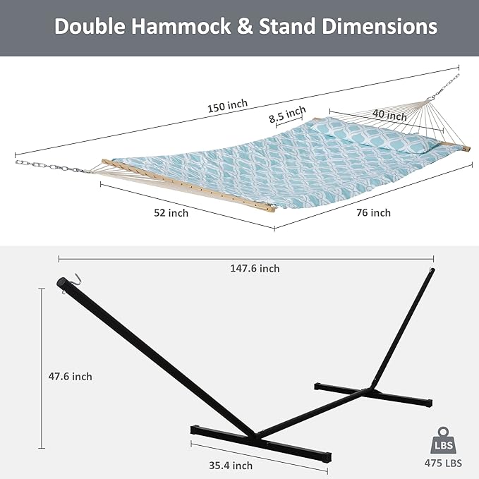SUNCREAT Patio Hammock with Stand Included, Portable Double Hammock with Stand, Green Pattern