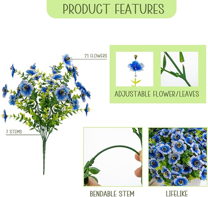 Artificial Flowers for Outdoors, 10 Bundles UV Resistant Artificial Outdoor Flowers, Not-Fading Silk Faux Flowers for Outdoor Planters for Home Garden Porch Decor, Blue