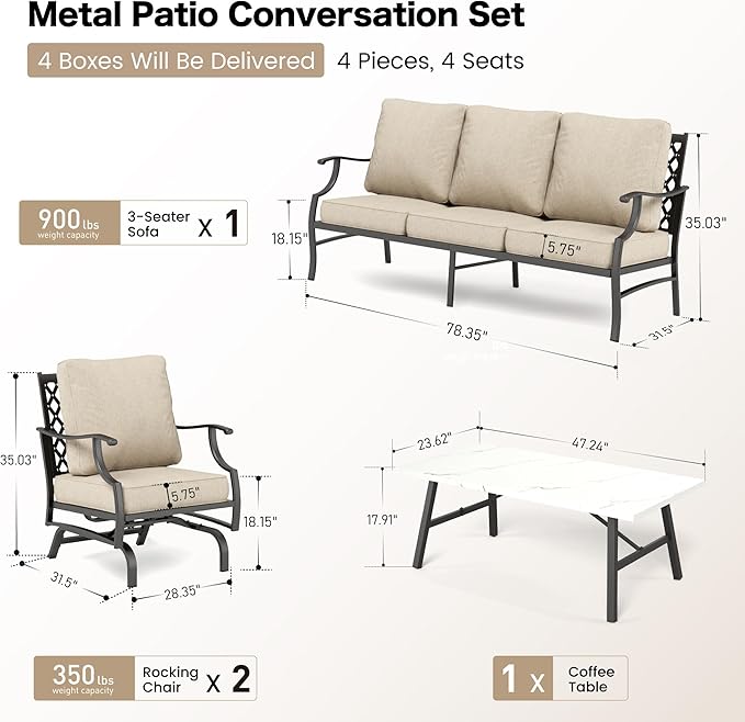 Patio Furniture Set, 4 Piece Modern Metal Outdoor Patio Furniture, 3 Seater Sofa, 2 Rocking Chairs, Coffee Table and 5.75" Extra Thick Cushion, Patio Conversation Set for Deck Backyard