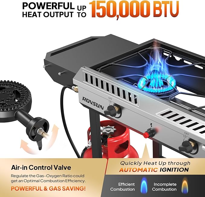 ROVSUN 2 Burner Outdoor Propane Gas Stove with Auto-ignition, Regulator & Shelf, 150,000 BTU Powerful Stand Cooker for Backyard Patio Cooking Home Brewing Canning Turkey Frying