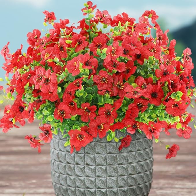 Artificial Fake Flowers Outdoor Spring Summer Decoration, 16 Bundles Faux Eucalyptus Violet Realistic UV Resistant for Outside Home Planter Porch Patio Yard Decor (Red Eucalyptus)