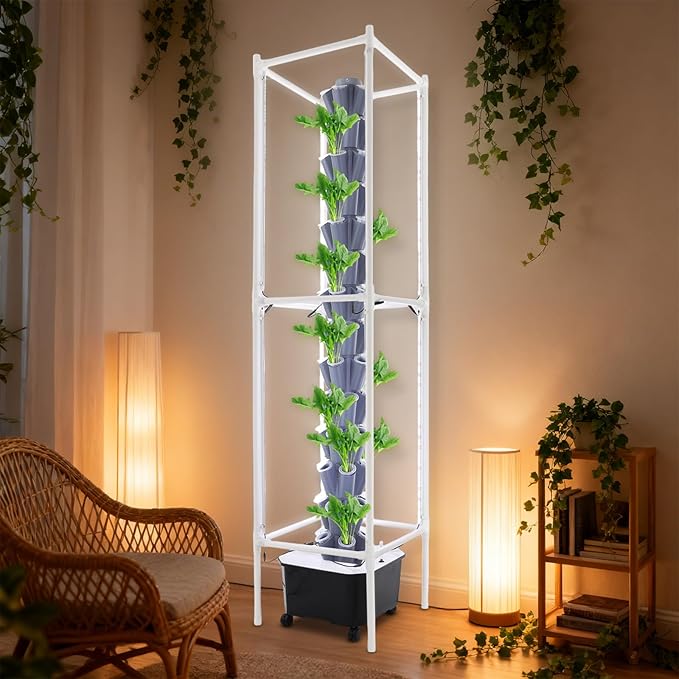 70 Holes Indoor Hydroponic Grow Tower with 8 LED Lights, 14 Layer Vertical Hydroponic Gardening Tower with Wheels, Timer, Garden Growing System Kit or Home, Office, Balcony, Kitchen, 84.64'' H