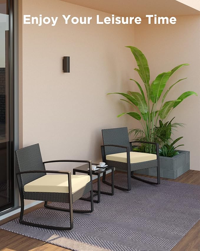 3 Pieces Porch Furniture Set Patio Rocking Bistro Set Outdoor Patio Chairs Rattan Conversation Sets with Coffee Table for Front Porch Garden Balcony Backyard Poolside (Beige Cushion)