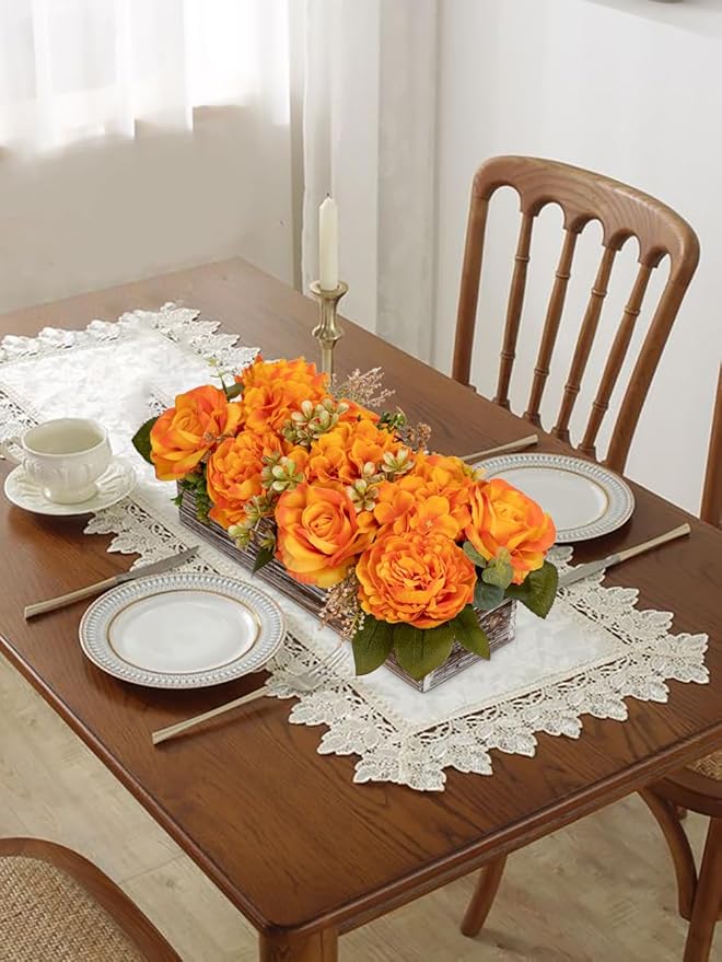 Flower Arrangement with Wooden Vase 14" Artificial Flowers in Pot - Fake Flowers Roses Peonies Hydrangeas in Wooden Vase Potted Artificial Flower Centerpieces for Table Decor Living Room - Orange