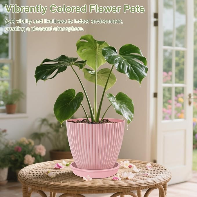 SupKing Plant Pots with Drainage Saucers 7.5/6.7/6/5/4/3.5 Inch Set of 6,Plastic Flower Pots Planters with Multi Mesh Drainage Holes Multicolor Nursery Planting Pot for Indoor Outdoor Garden Plants