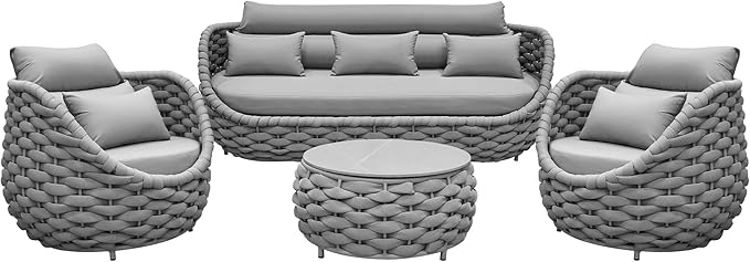 Aluminum Modern Patio Set Three Seater Sofa Outdoor Furniture Set w/Coffee Table,Patio Conversation Set with Hand Woven Teslin Rope for Bedroom Backyard Poolside, Light Grey