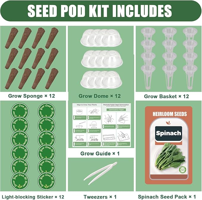 Spinach Seed Pods Kit for Hydroponic, 12 Pods Grow Anything Hydroponics Kit for Indoor Garden, Hydroponics Supplies with 12 Grow Sponges, 12 Plant Baskets, Spinach Seeds - 12 POD