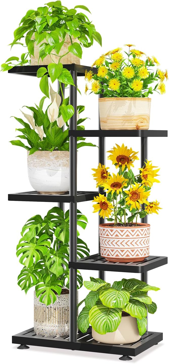 LASZOLA 4 Tier Plant Stand Indoors Outdoors for Large Heavy Duty Planter, Black Metal Tall Flower Holder Rack with Multiple Shelf for Modern Patio Corner, Vertical Organizer, Weather Resistant Bracket