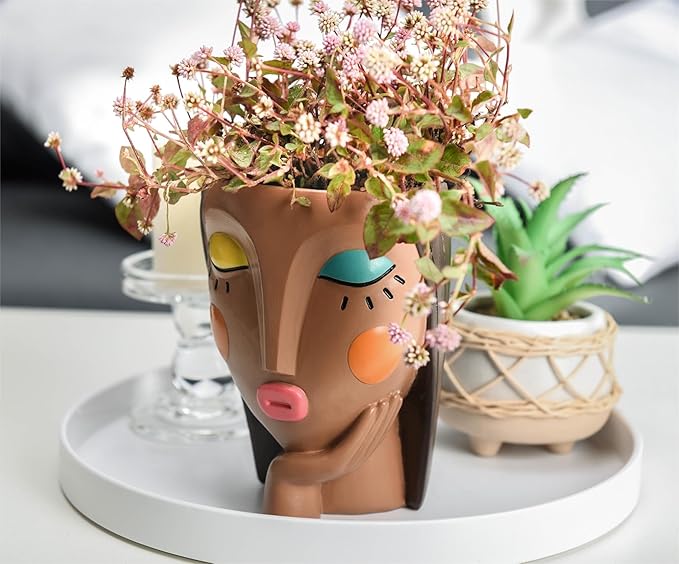 Face Planter Pots for Indoor Plants, Resin Head Planter Succulent Planter Flower Planter Cute Girl Head Pots with Drainage Hole - Painted Thinking Girl Closed Eyes