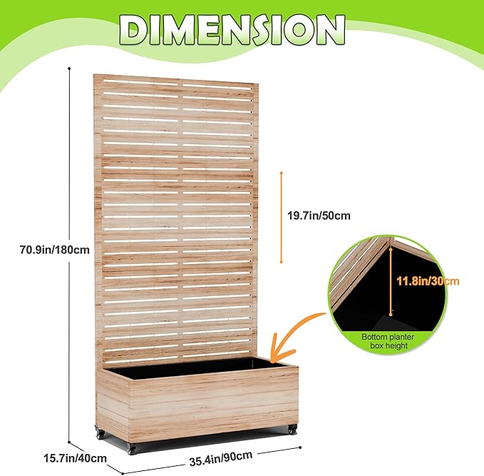 15.7"×70.9"×35.4" Metal Raised Garden Bed with Trellis and Wheels - Tall Trellis Planter Box for Climbing Plants, Vegetables & Vines - Outdoor Privacy Planters for Patio (Acacia Wood Grain)