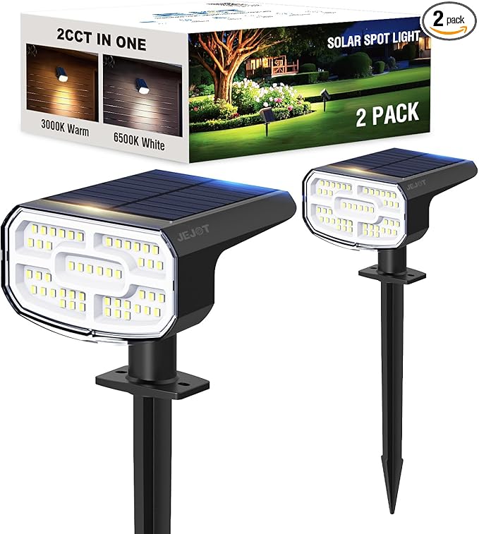 Solar Lights Outdoor Waterproof IP65, Super Bright LED, 2CCT 4 Lighting Modes 3000K/6500K Selectable, Solar Powered Yard Garden Solar Spot Lights for Outside Landscape Auto On/Off -2 Pack
