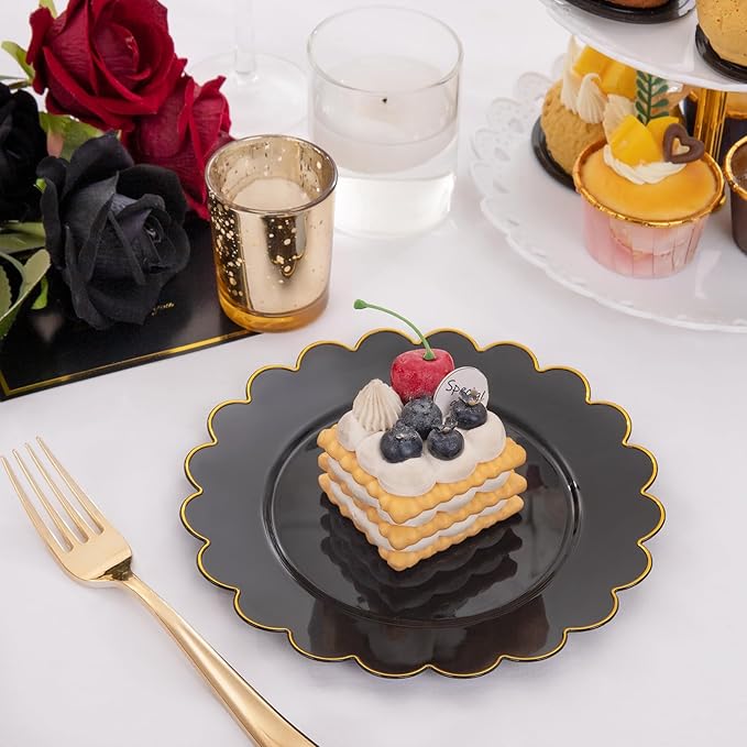 SUT 72 PCS Black Plates,Black Plastic Plates with Gold Rim, Black Party Plates, Plastic Plates for Party, 7.5 inch Plastic Dessert Plates, Black Disposable Plates for Party,New Year,Halloween
