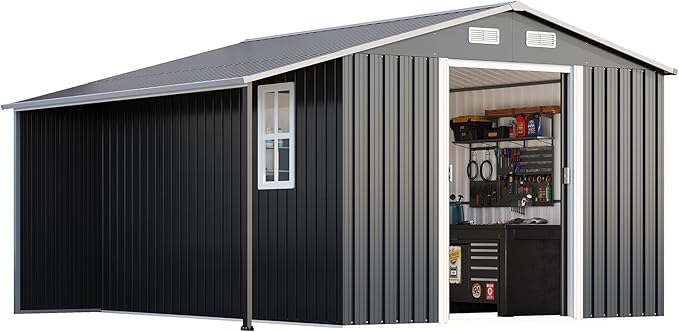 AMERLIFE 10.6x10.3x6.3 FT Galvanized Metal Storage Shed with Open Firewood Storage Area, Sliding Doors & Ramp, 2 Windows & Vents, Weather-Resistant Outdoor Tool/Garden Shed, Dark Gray