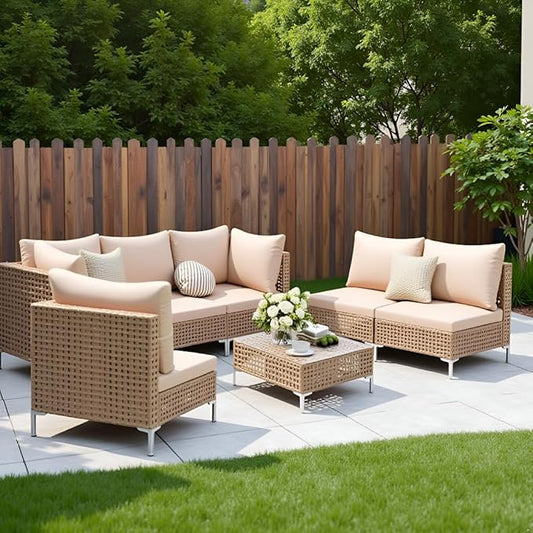 7 Piece Wicker Patio Furniture Set, Outdoor Sectional Sofa Set with Coffee Table and Water-Resistant Thick Cushions for Balcony, Deck, Garden, Backyard(Yellow/Beige)