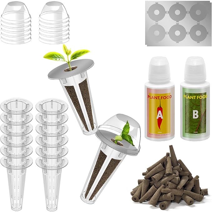 68pcs Hydroponic Pods Kit for Aerogarden, Indoor Garden Hydroponics Growing System - Compatible with All Brands (30 Grow Sponges, 12 Grow Baskets, 12 Grow Domes, 12 Pod Labels, 1 A&B Plant Food)