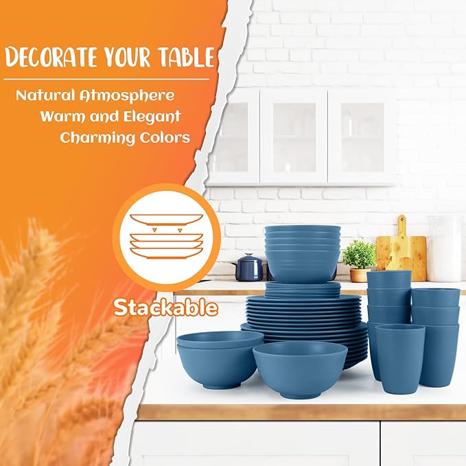 40-Piece Wheat Straw Dinnerware Sets,Unbreakable Dishes Set for 8 - Drinking Cups, Plates and Bowls Sets, Reusable Microwave Safe Dinnerware Set for Home, Outdooor, RVs - Blue