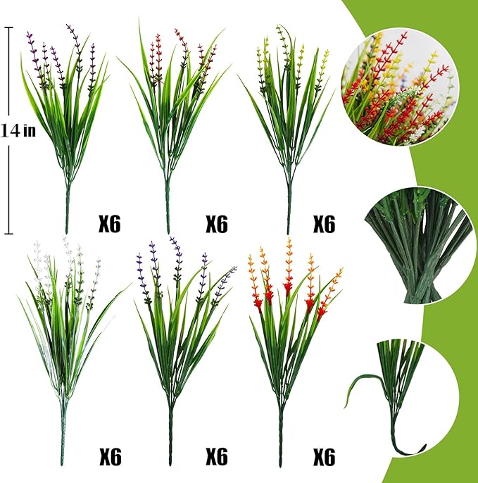 36 Pcs Artificial Plants Outdoor, UV Resistant Fake Outdoor Flowers Faux Plastic Monkey Greenery Grass for Front Porch Window Box Outside Garden Home Office Planters Desk Decor (Mixed Color)