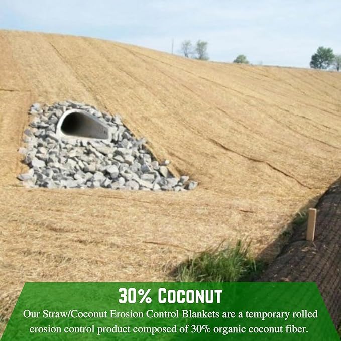 Farm Plastic Supply - 100% Biodegradable Erosion Control Blanket - Straw/Coconut Straw Garden and Landscape Cover, Straw Blanket, Erosion Control (6' x 112.5')