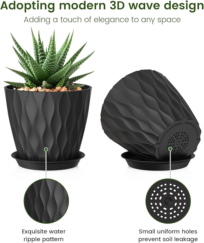 5 inch Plant Pots for Indoor Outdoor Plants, 6 Pack Thick Nursery Pots with Drainage Holes and Saucers, 3D Modern Wave Texture Small Plastic Planter Flower Pots for Succulent, Herb, Black