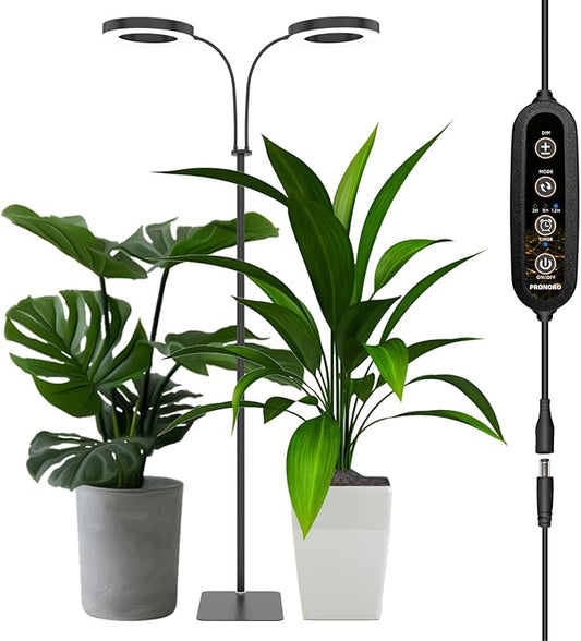 PRONORO Grow Light for Indoor Plants,Full Spectrum 2-Head LED Grow Light,Standing Grow Light for Large Plants,Auto ON/Off Timer,6 Dimmable Levels,3 Spectrum Light Modes,Height Adjustable,36W