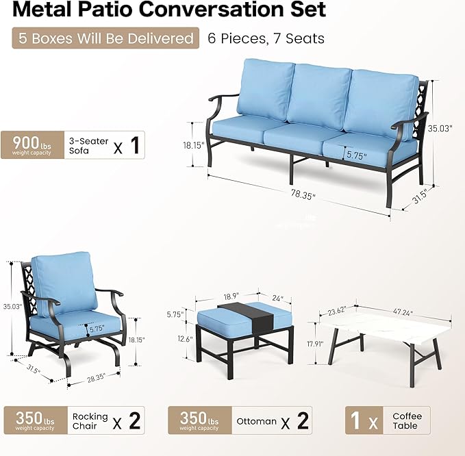 6 Piece Metal Outdoor Patio Furniture Set, Patio Conversation Set 1 3-seater Sofa, 2 Rocking Chair, 2 Ottomans with 5.75" Thick Cushion and Coffee Table, Black Backyard Furniture, Blue