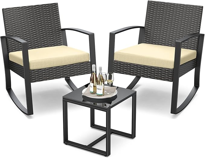 3 Pieces Porch Furniture Set Patio Rocking Bistro Set Outdoor Patio Chairs Rattan Conversation Sets with Coffee Table for Front Porch Garden Balcony Backyard Poolside (Beige Cushion)