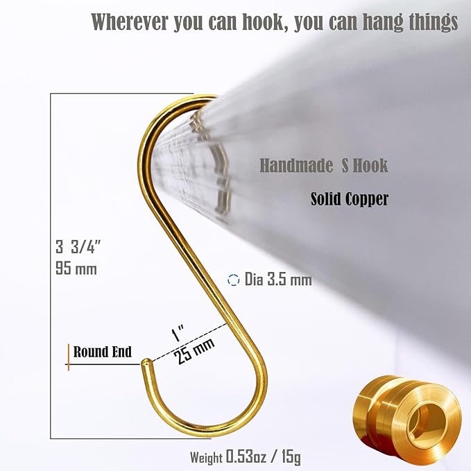 4 Pack S Hooks for Hanging Jeans, 3-3/4" Sturdy Solid Copper Heavy Duty Gold Pots Pans Mug Cups Plants Coat Hat Bags Towel Clothes Hanger