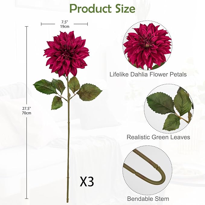 3Pcs Purplish Red Artificial Dahlia Flowers Fall Fake Flower Silk Flowers with Long Stem 28" Floral Arrangements Bouquets Autumn Faux Dahlias Flowers for DIY Wedding Party Centerpieces Home Decor