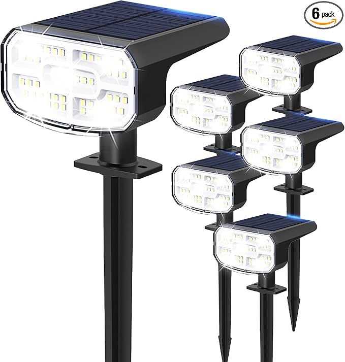 Solar Lights Outdoor Waterproof IP65, Super Bright LED, 6500K 2 Lighting Modes, Solar Powered Yard Garden Solar Spot Lights for Outside Landscape Auto On/Off -6 Pack