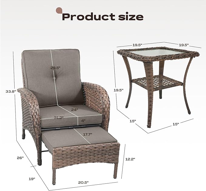 Rilyson 5 Piece Patio Furniture Set - Wicker Balcony Furniture Set with Hidden Ottomans, Rattan Outdoor Patio Chairs with Side Table for Porch Deck Poolside Garden Brown/Grey