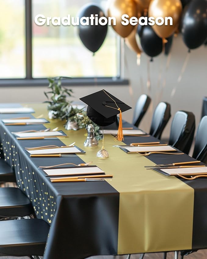Pureegg Plastic Table Cloth Disposable 8 Pack, 54 x 108 Inch, Table Runner Style, Graduation Decorations 2025, Party Tablecloths, Rectangle, Plastic Cover, Leakproof & Sturdy, Black Gold